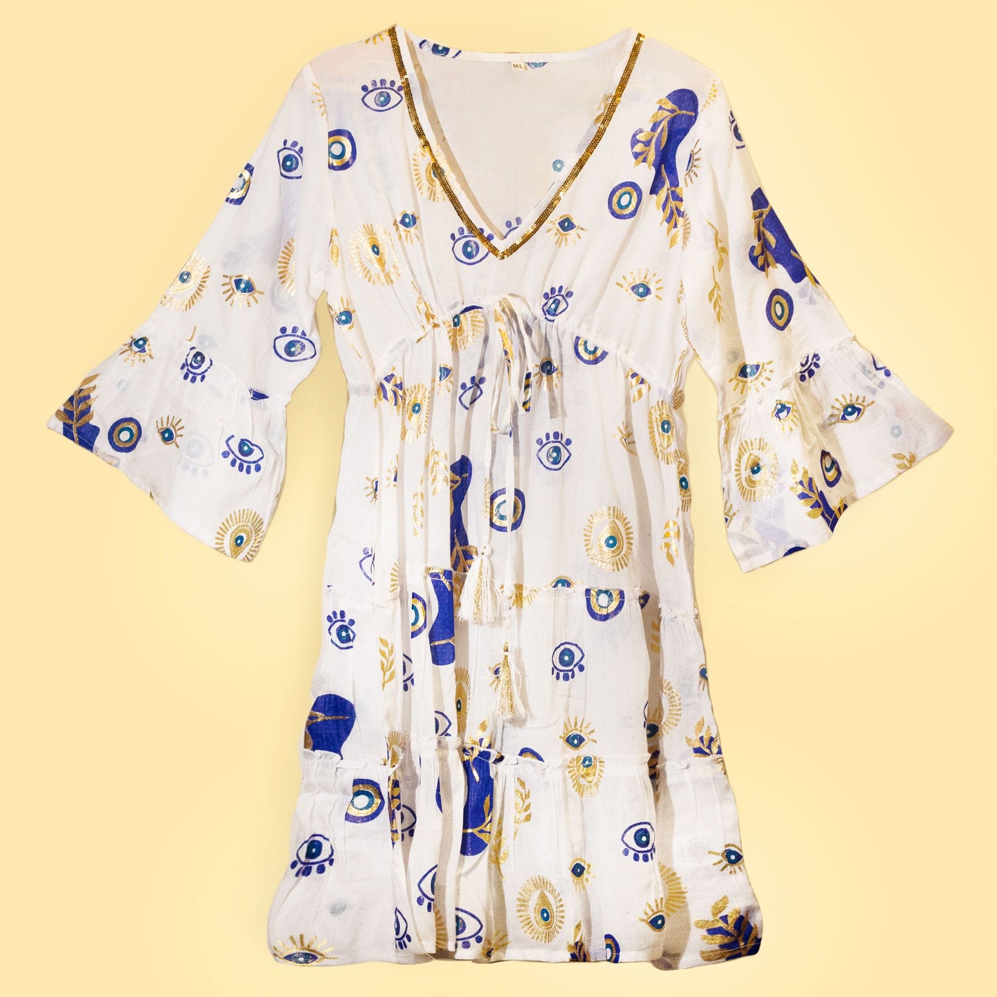 (XL) Nomad Sari On the Med Kleid - Weiß, Blau & Gold mit Bösem Blick Design
