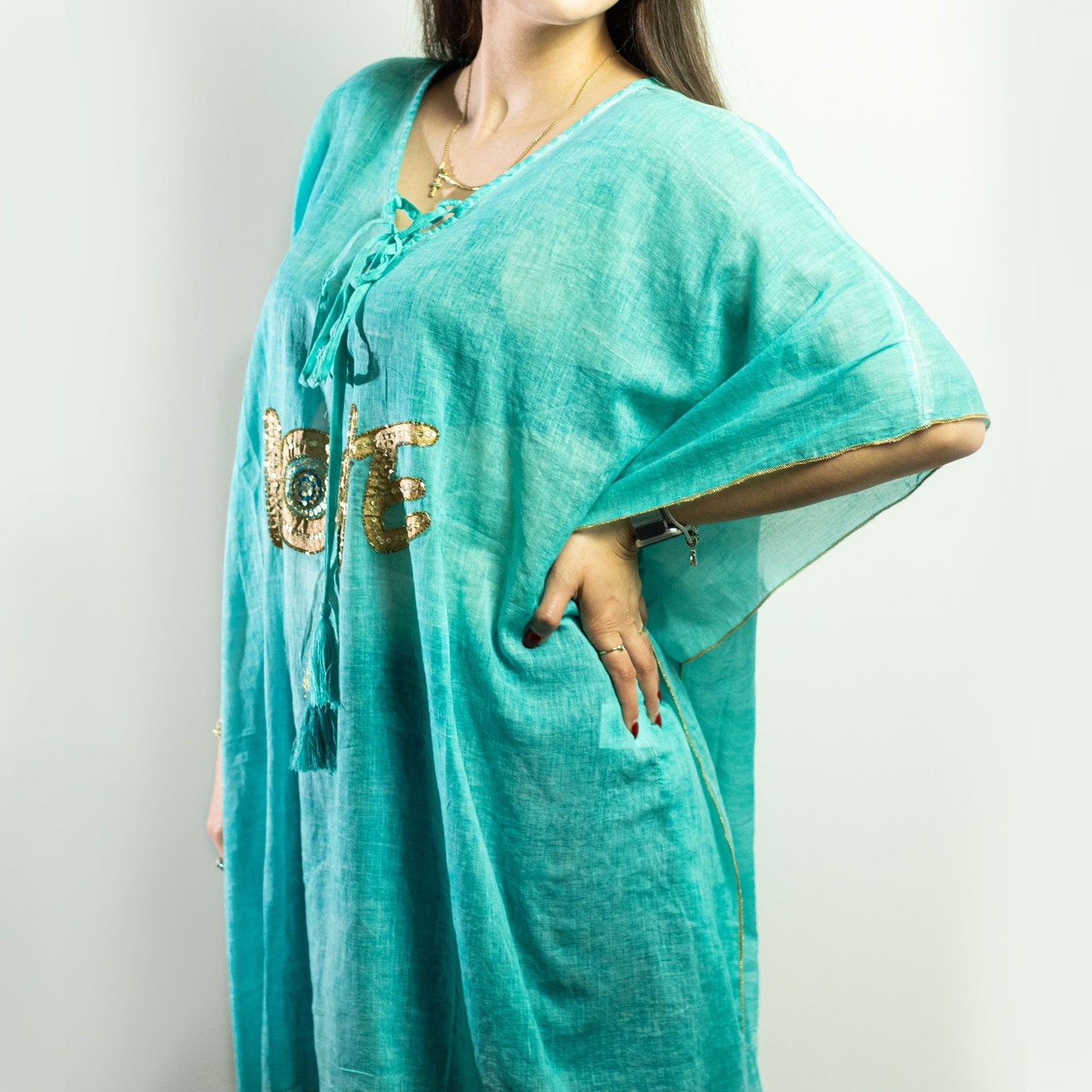 Nomad Sari On the Med Kaftan - Türkis & Gold mit Love-Design