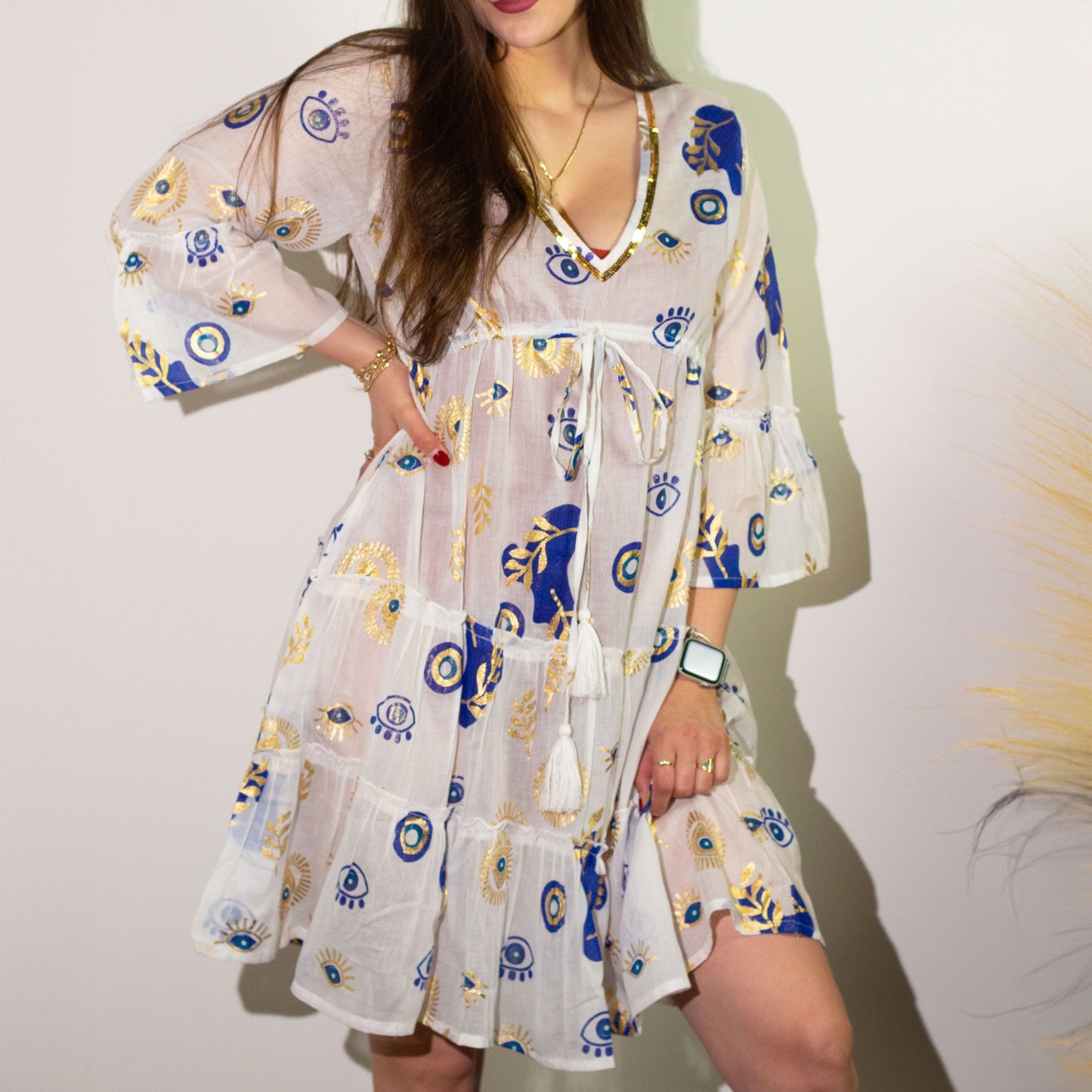 (XL) Nomad Sari On the Med Kleid - Weiß, Blau & Gold mit Bösem Blick Design