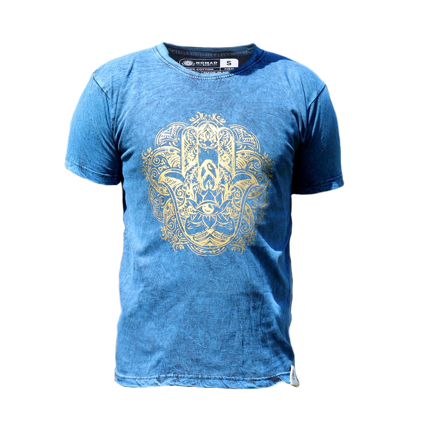 T-Shirt (S) Stone Washed - Hamsa - Blau