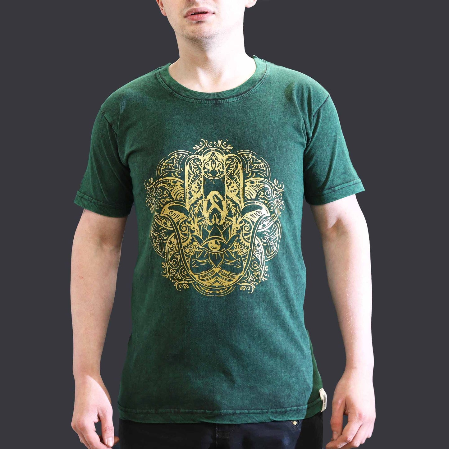 T-Shirt (S) Stone Washed - Hamsa - Grün