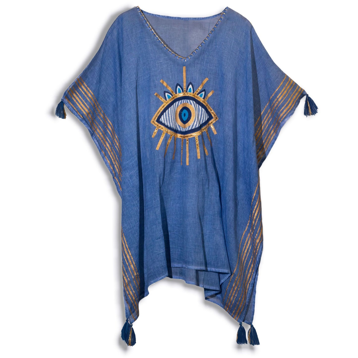 Nomad Sari On the Med Kaftan - Dunkelblau & Gold mit handbemaltem Bösem Blick Motiv