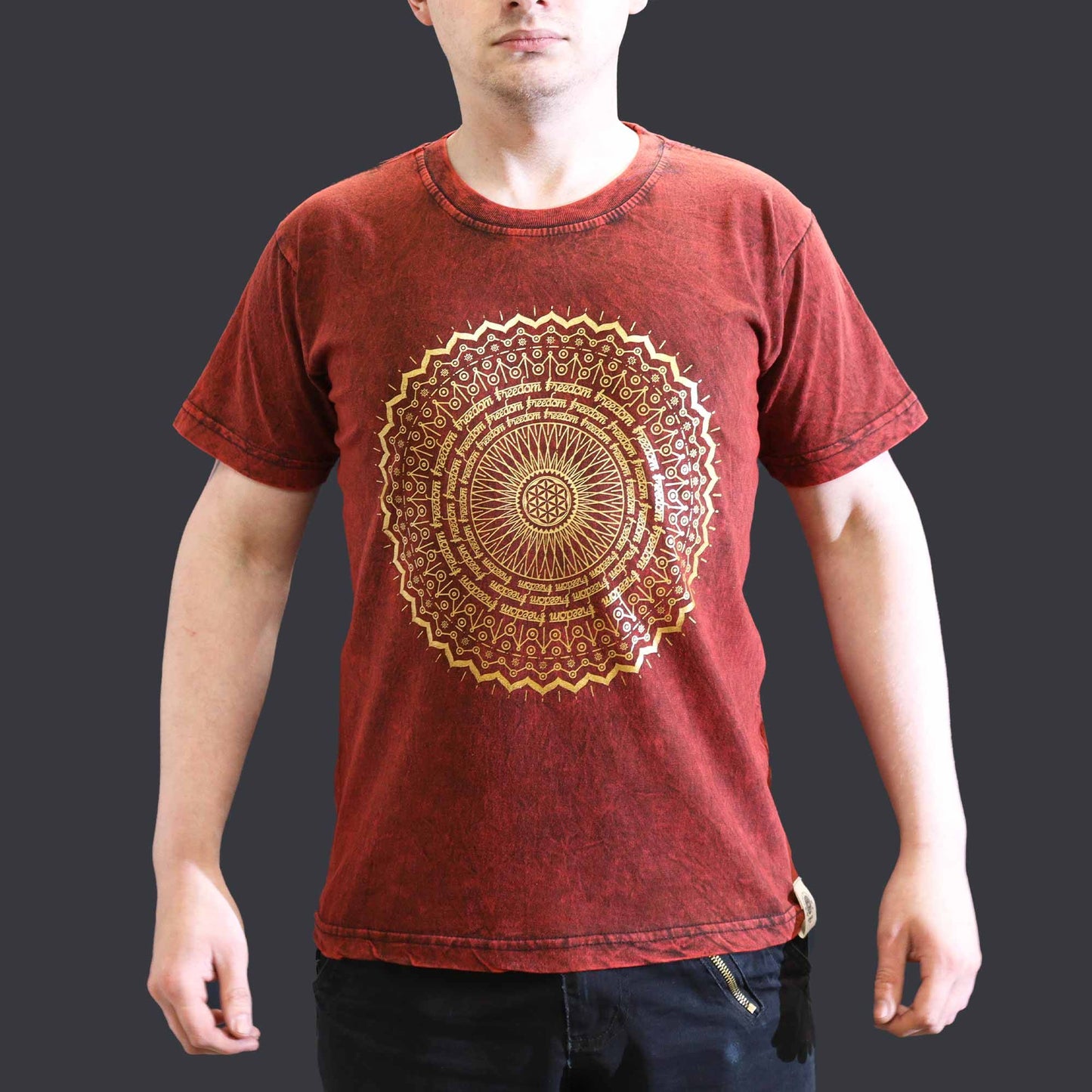 T-Shirt (S) Stone Washed - Mandala - Maroon