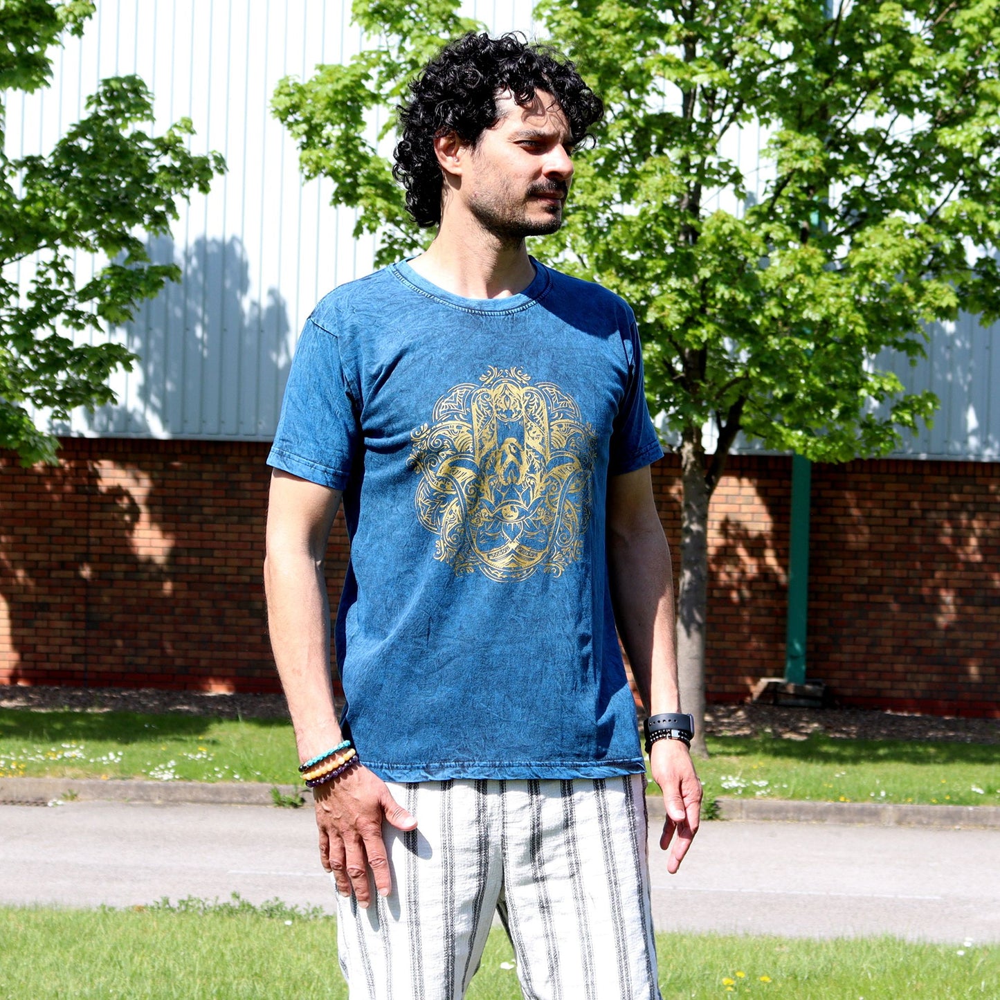 T-Shirt (M) Stone Washed - Hamsa - Blau