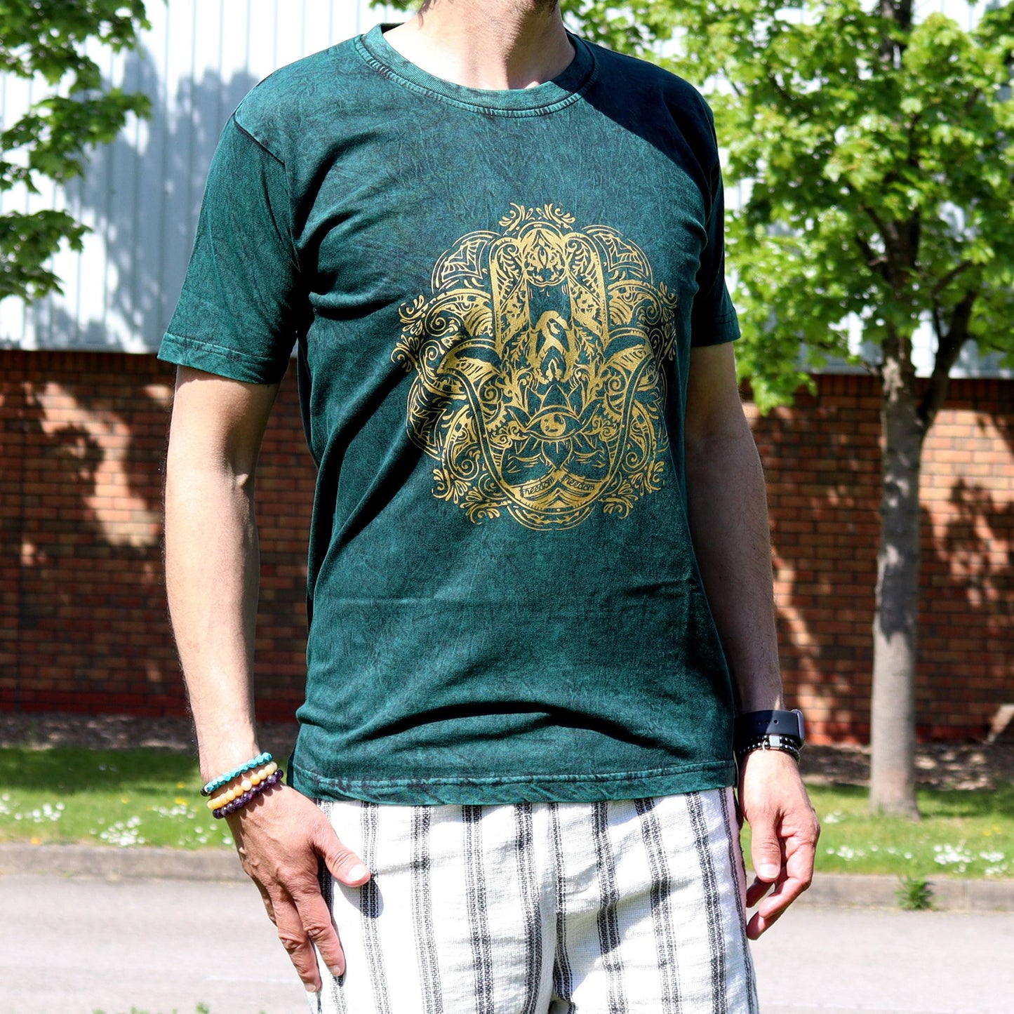 T-Shirt (M) Stone Washed - Hamsa - Grün