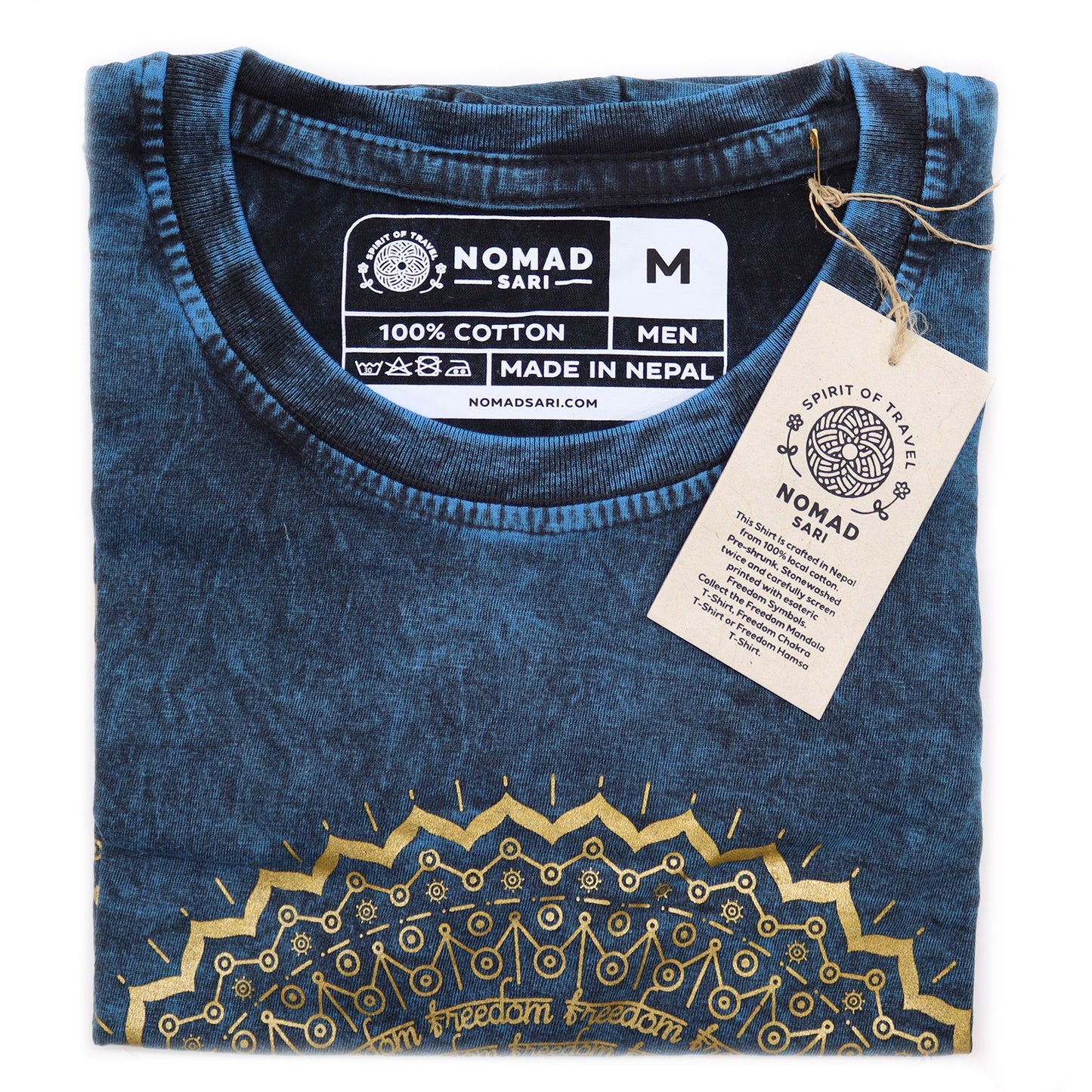 T-Shirt (M) Stone Washed - Mandala - Blau