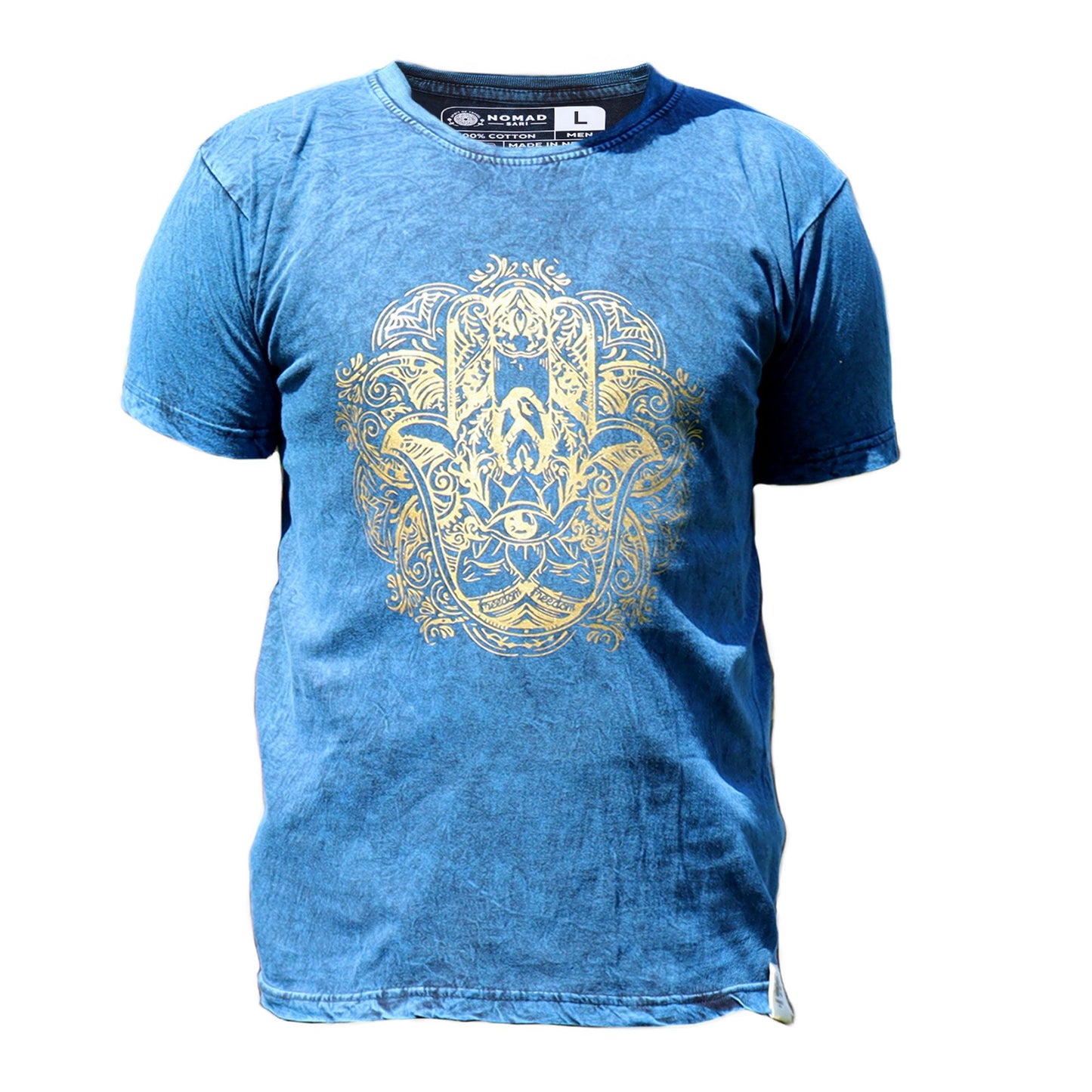 T-Shirt (L) Stone Washed - Hamsa - Blau