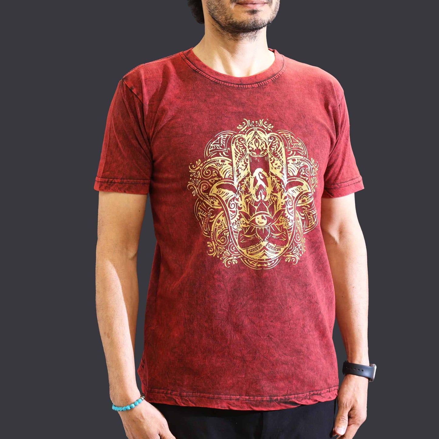 T-Shirt (M) Stone Washed - Hamsa - Maroon
