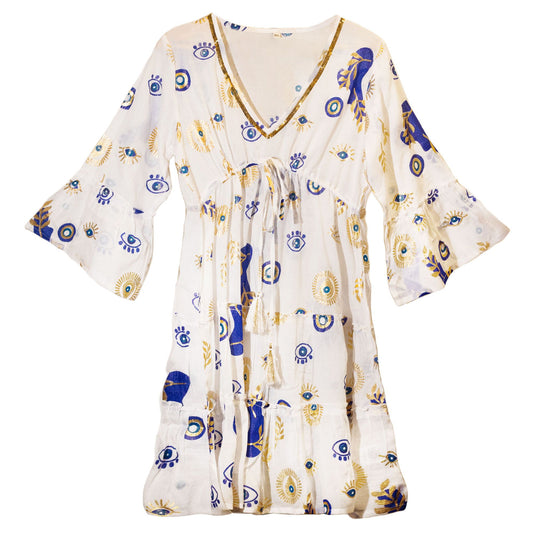 (XL) Nomad Sari On the Med Kleid - Weiß, Blau & Gold mit Bösem Blick Design