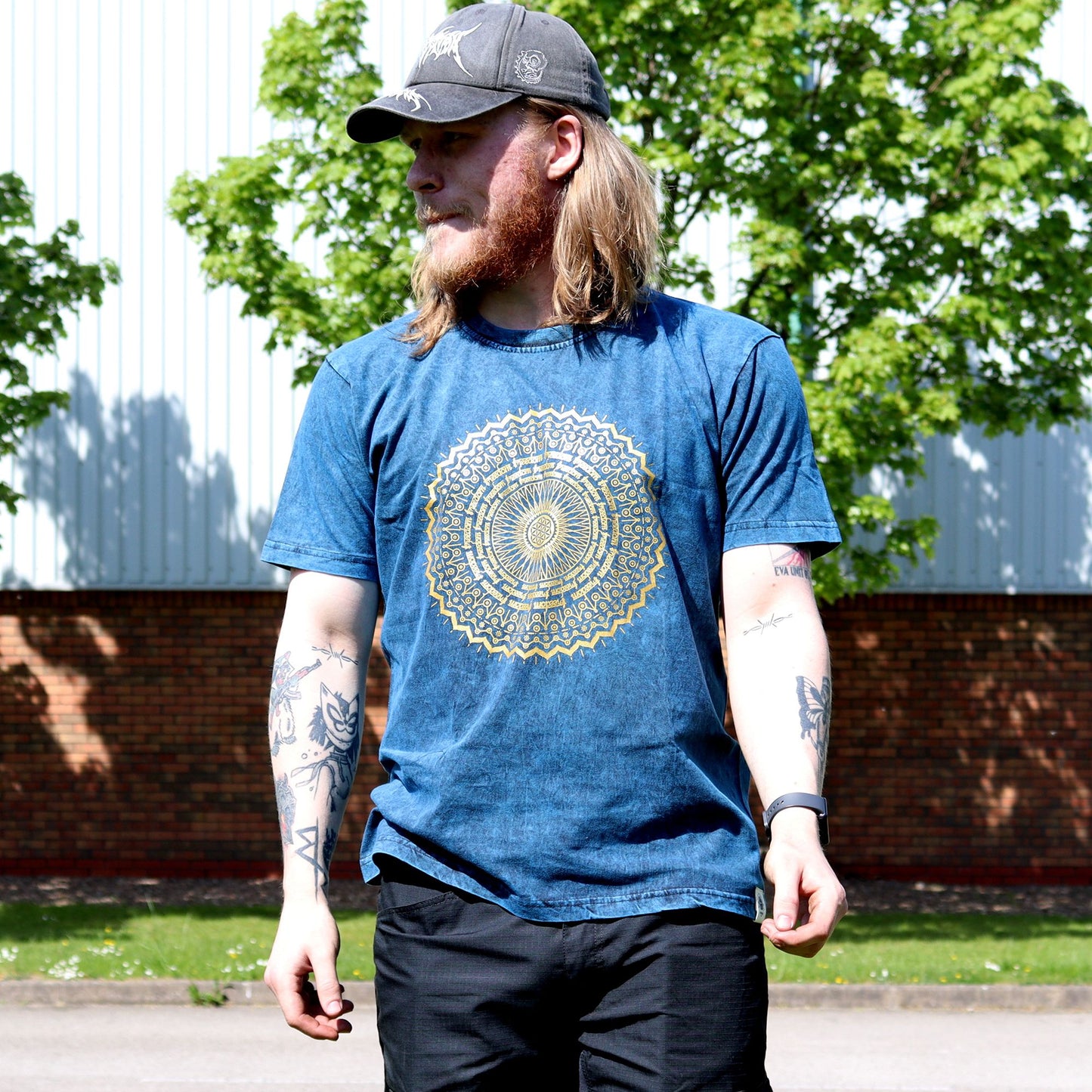 T-Shirt (L) Stone Washed - Mandala - Blau