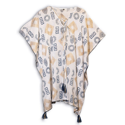 Nomad Sari On the Med Kaftan - Gold & Blau mit griechischem Motiv