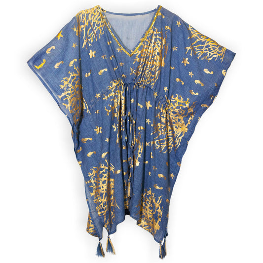 Kaftan Nomad Sari On the Med Kaftan - Seeblau & Gold mit Korallen-Design