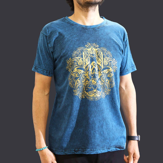 T-Shirt (M) Stone Washed - Hamsa - Blau