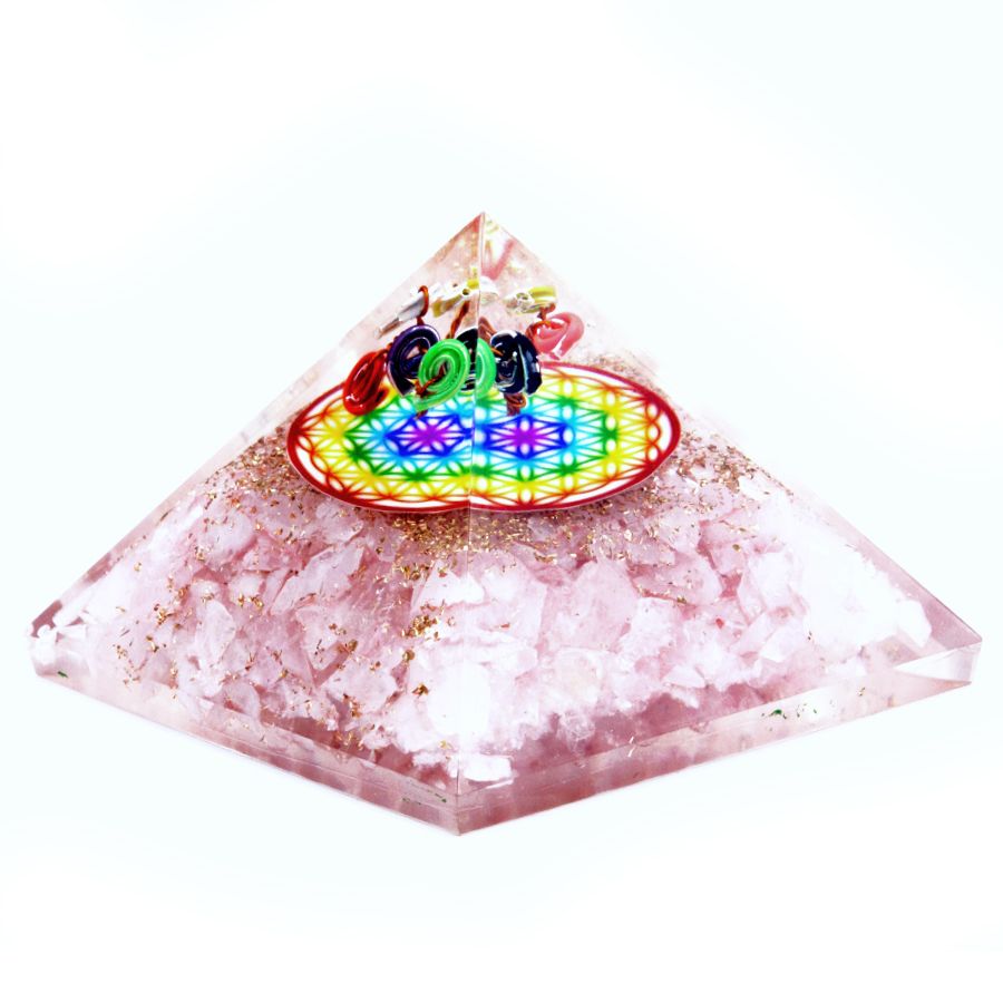 Orgonit Pyramide 70mm - Rosenquarz Regenbogen Blume des Lebens