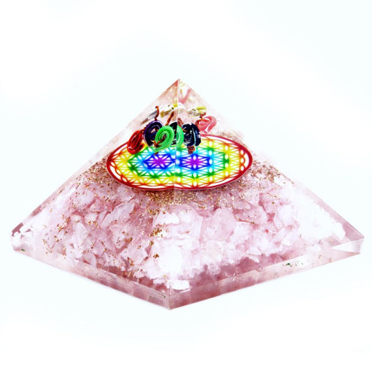 Orgonit Pyramide 70mm - Rosenquarz Regenbogen Blume des Lebens