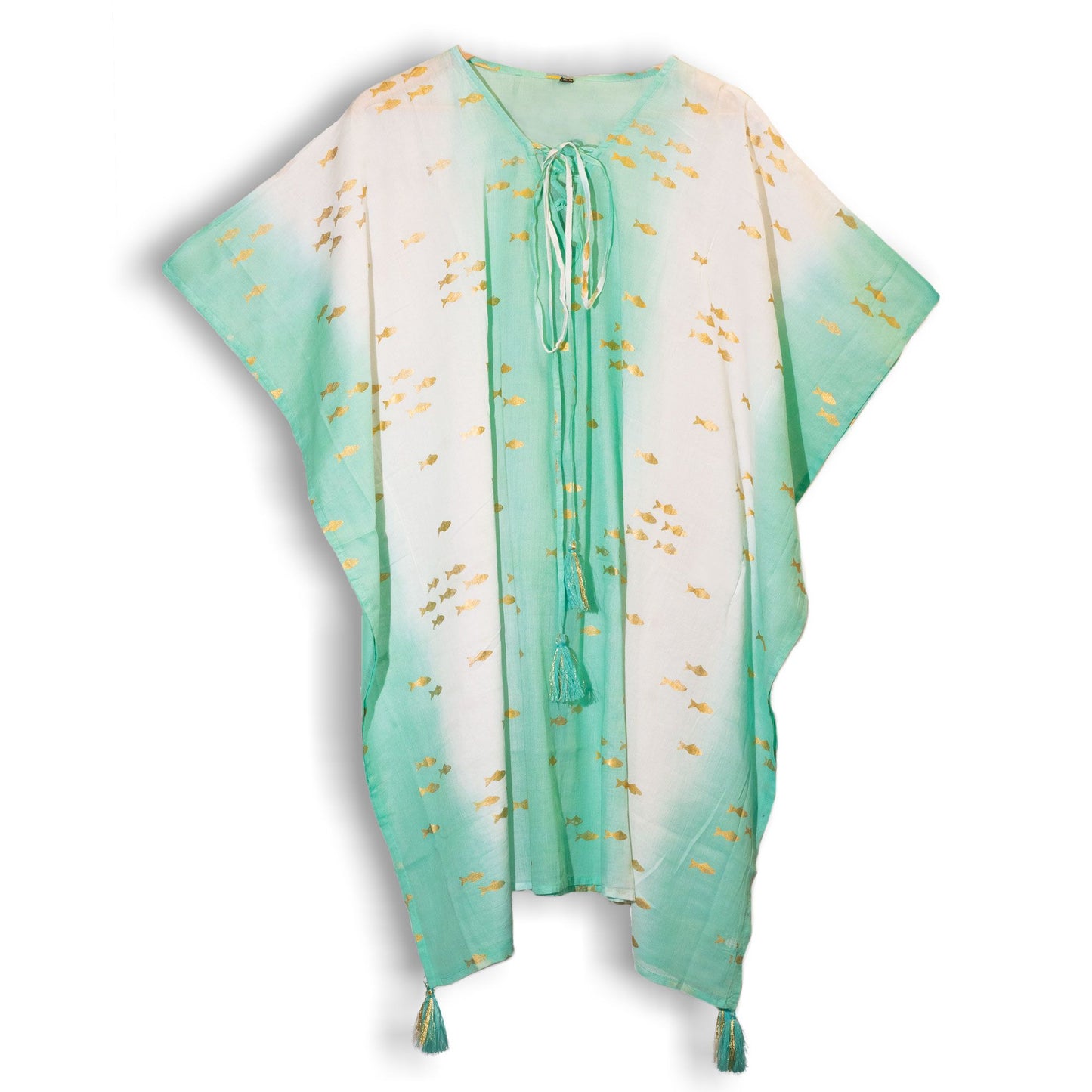 Nomad Sari On the Med Kaftan - Weiß & Türkis & Gold mit Fisch-Design