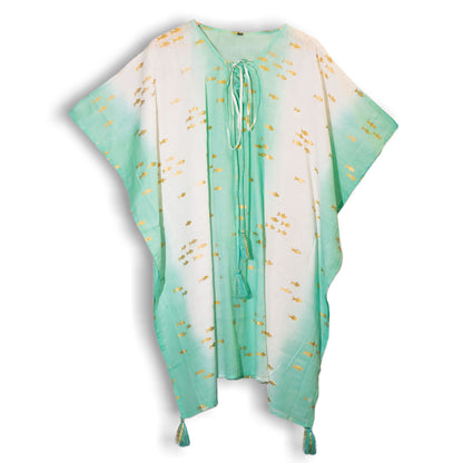 Nomad Sari On the Med Kaftan - Weiß & Türkis & Gold mit Fisch-Design