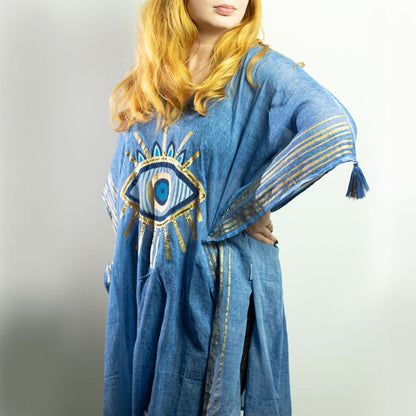 Nomad Sari On the Med Kaftan - Dunkelblau & Gold mit handbemaltem Bösem Blick Motiv