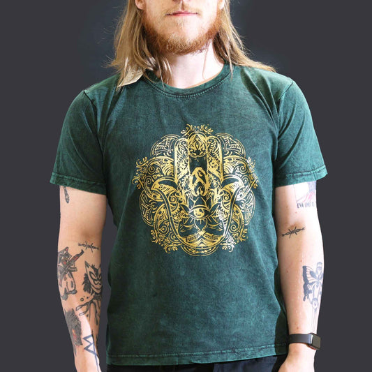 T-Shirt (L) Stone Washed - Hamsa - Grün