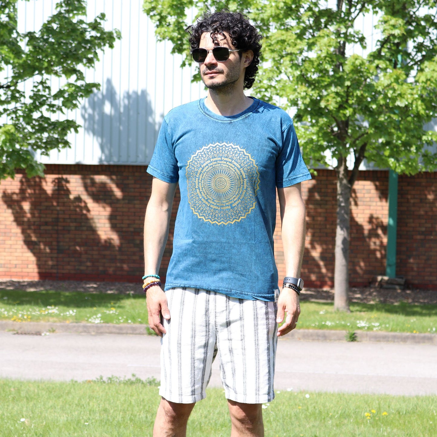 T-Shirt (S) Stone Washed - Mandala - Blau
