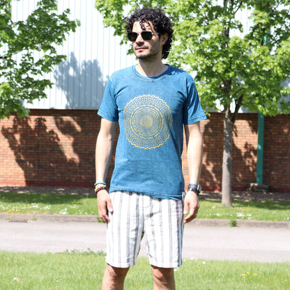 T-Shirt (S) Stone Washed - Mandala - Blau
