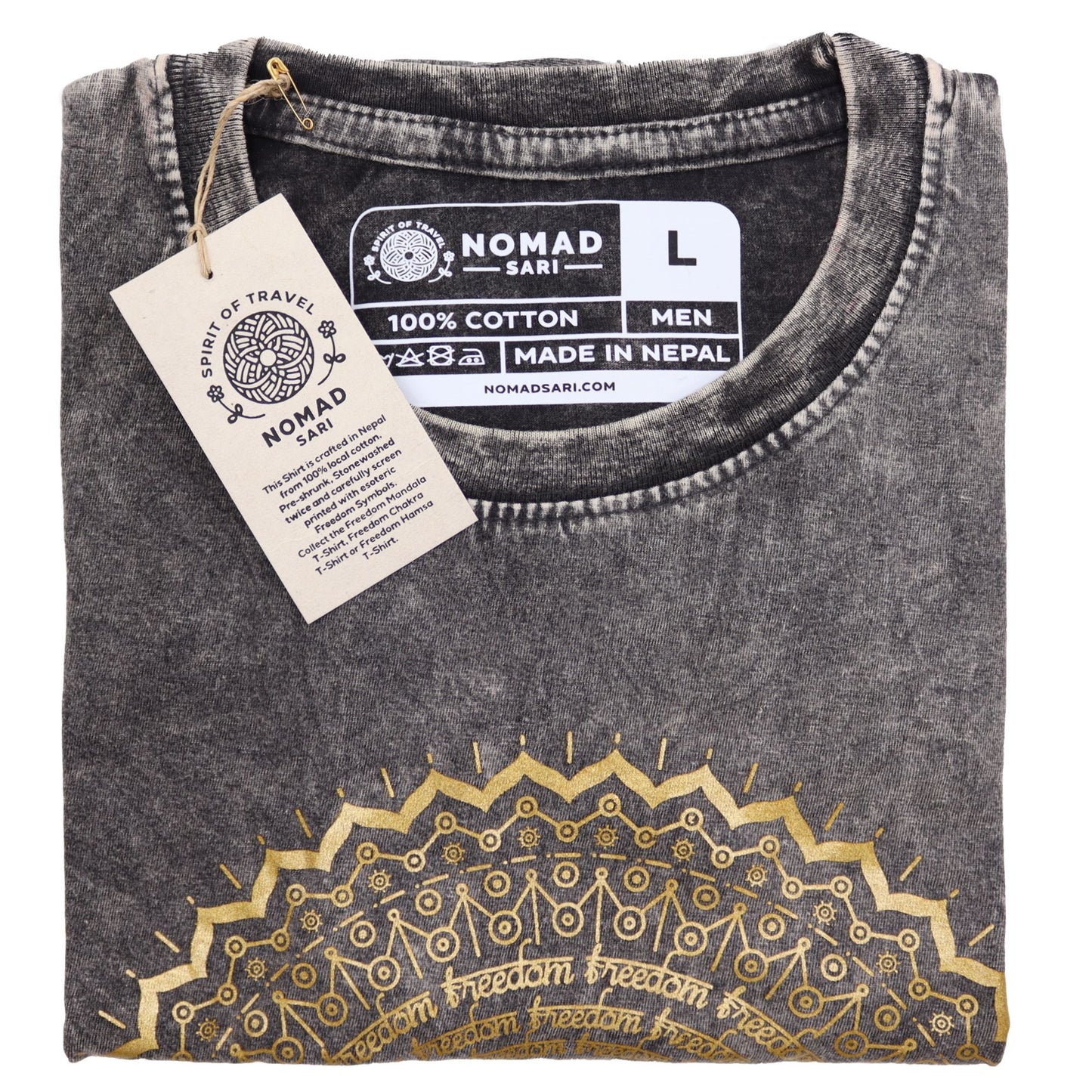 T-Shirt (L) Stone Washed - Mandala - Dunkelgrau