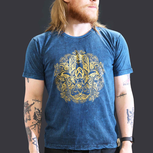 T-Shirt (L) Stone Washed - Hamsa - Blau