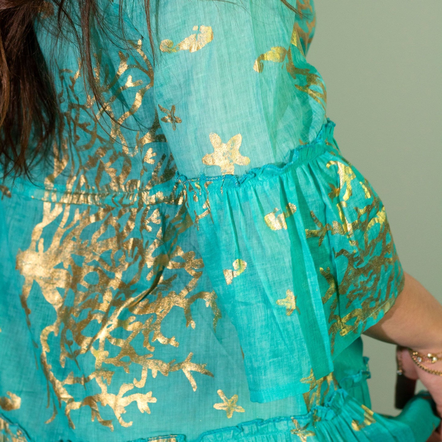 (XL) Nomad Sari On the Med Kleid - Türkis & Gold mit Korallen Design