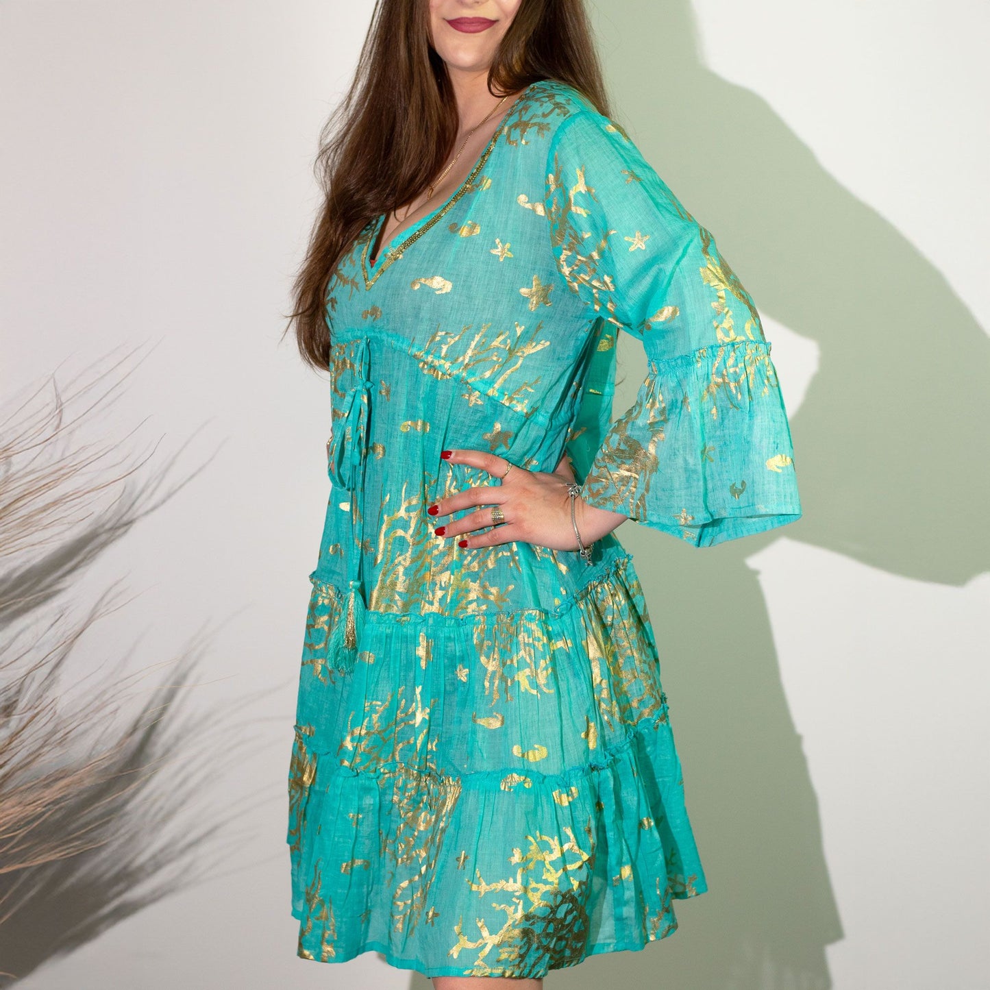 (XL) Nomad Sari On the Med Kleid - Türkis & Gold mit Korallen Design