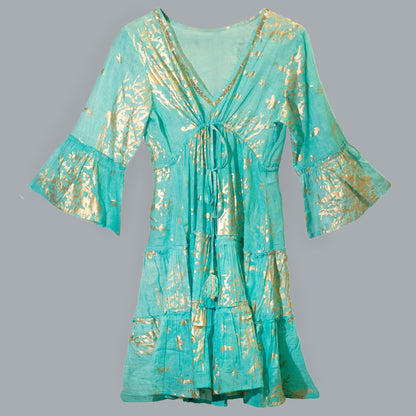(XL) Nomad Sari On the Med Kleid - Türkis & Gold mit Korallen Design