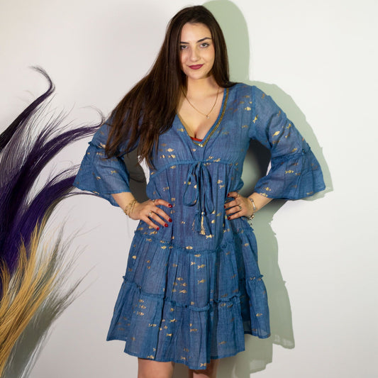 (ML) Nomad Sari On the Med Kleid - Seeblau & Gold mit Fisch Design
