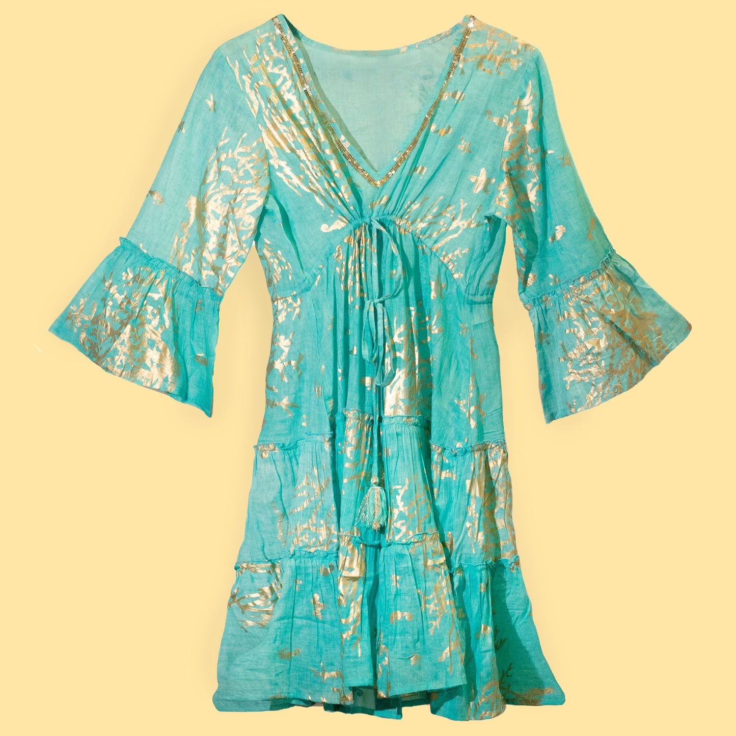 (XL) Nomad Sari On the Med Kleid - Türkis & Gold mit Korallen Design