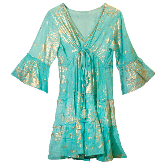 (XL) Nomad Sari On the Med Kleid - Türkis & Gold mit Korallen Design
