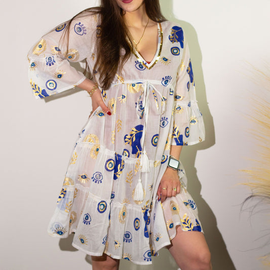 (ML) Nomad Sari On the Med Kleid - Weiß, Blau & Gold mit Bösem Blick Design