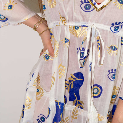 (ML) Nomad Sari On the Med Kleid - Weiß, Blau & Gold mit Bösem Blick Design