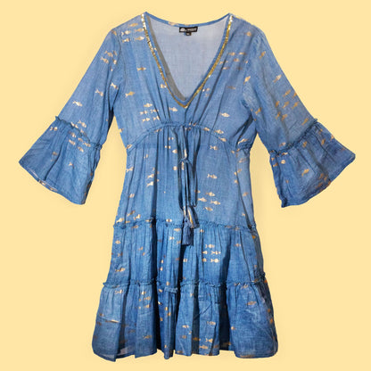 (ML) Nomad Sari On the Med Kleid - Seeblau & Gold mit Fisch Design
