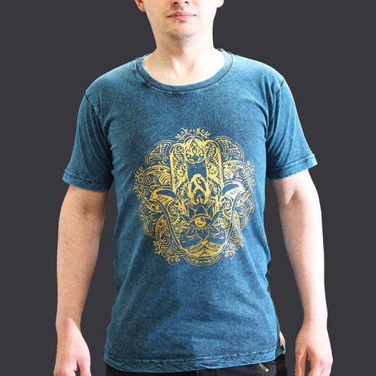 T-Shirt (S) Stone Washed - Hamsa - Blau