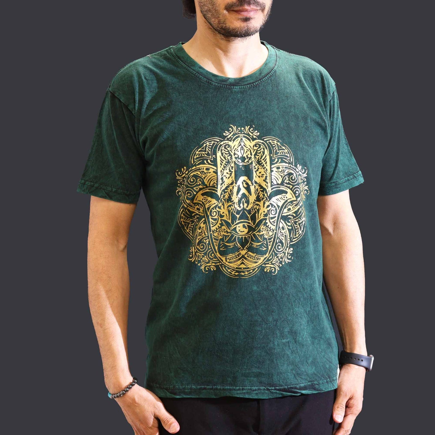 T-Shirt (M) Stone Washed - Hamsa - Grün