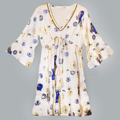 (XL) Nomad Sari On the Med Kleid - Weiß, Blau & Gold mit Bösem Blick Design