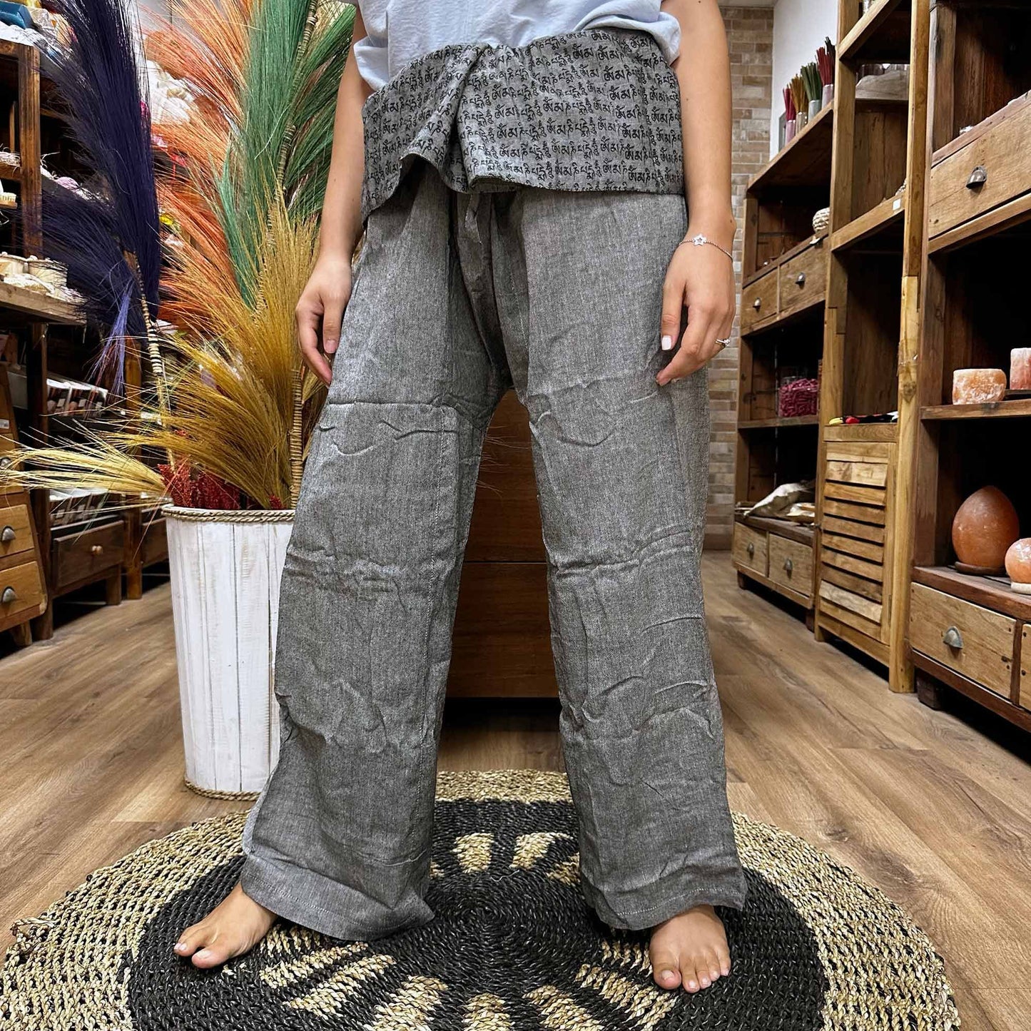 Graue Yoga- und Festivalhose - Thai Fisherman Mandala Mantra