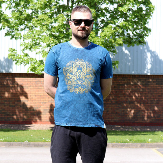 T-Shirt (S) Stone Washed - Hamsa - Blau
