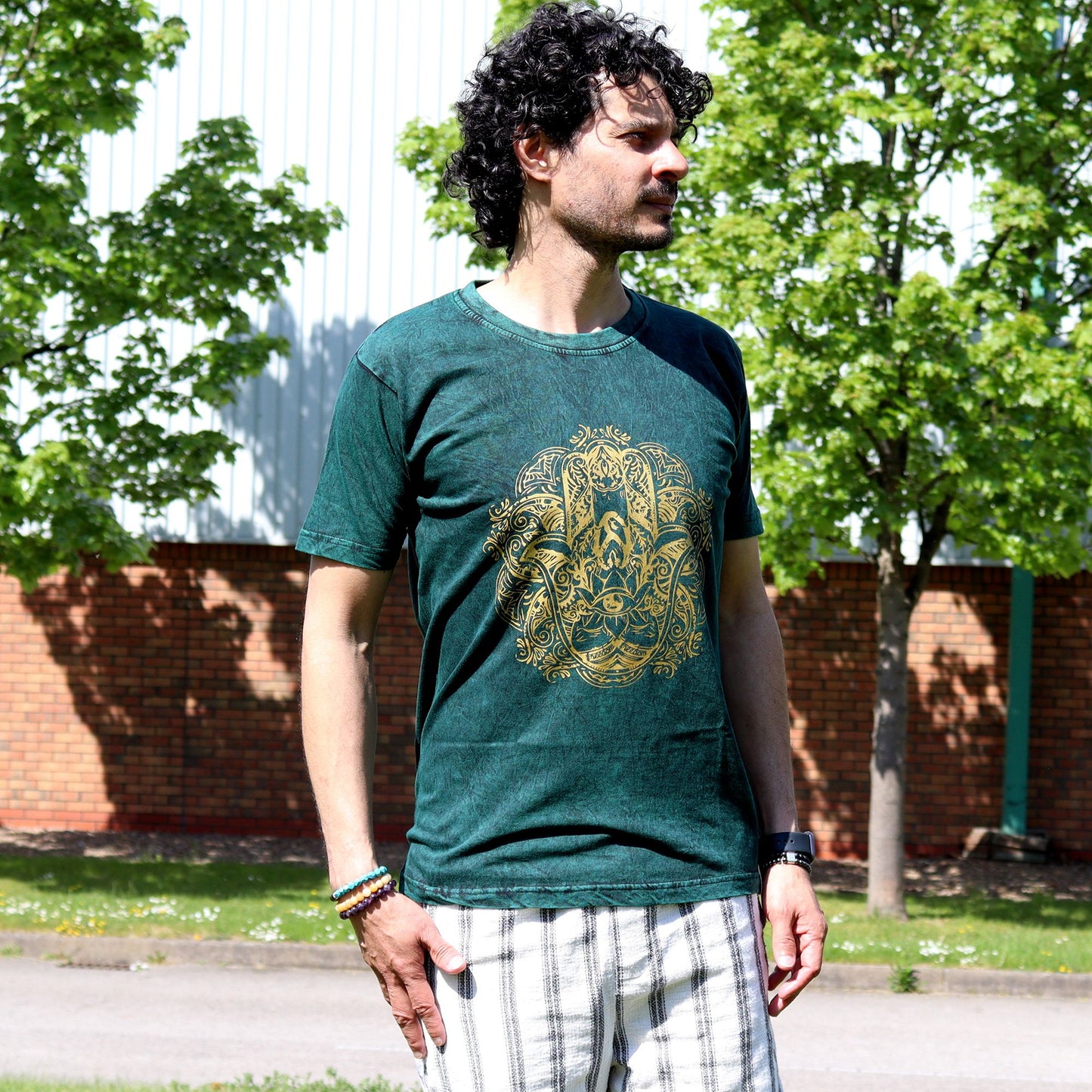 T-Shirt (S) Stone Washed - Hamsa - Grün