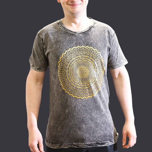 T-Shirt (S) Stone Washed - Mandala - Dunkelgrau