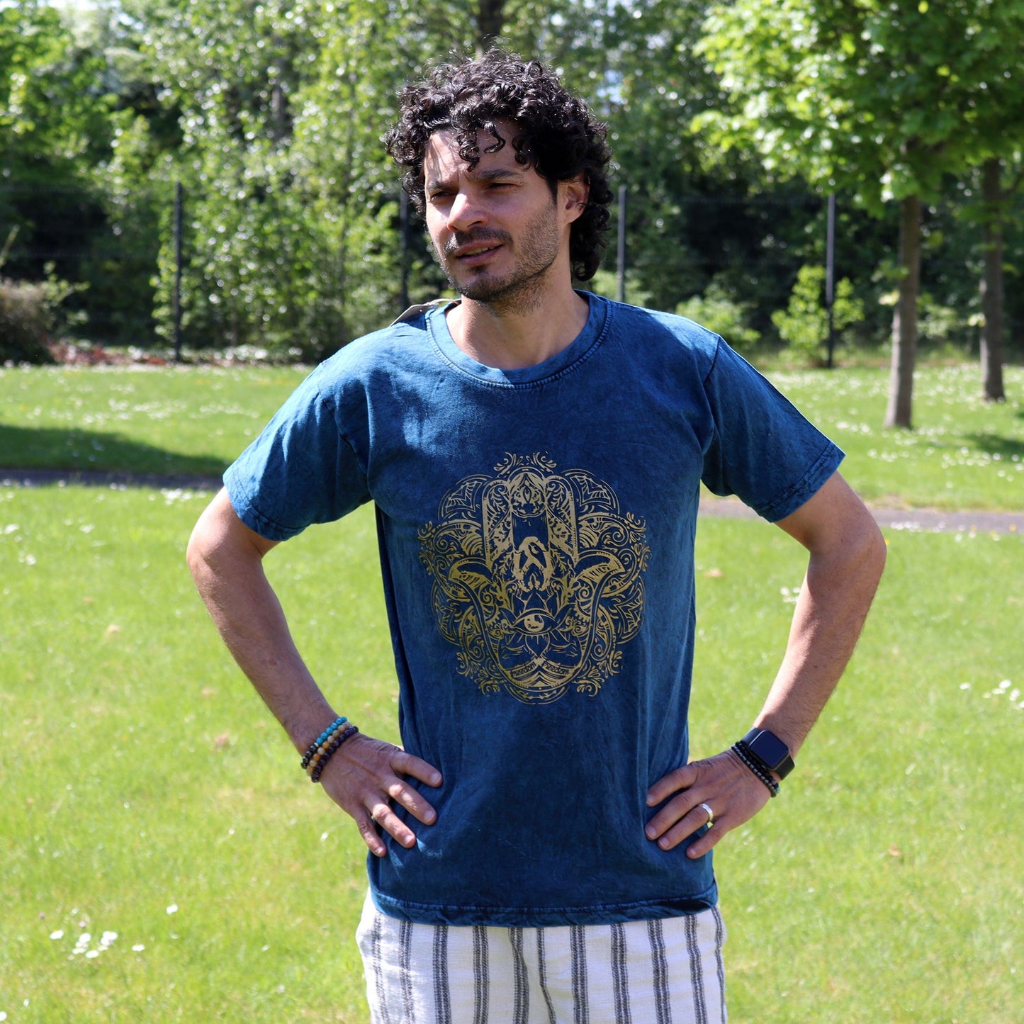 T-Shirt (M) Stone Washed - Hamsa - Blau