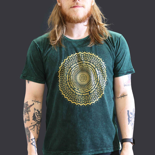 T-Shirt (L) Stone Washed - Mandala - Grün