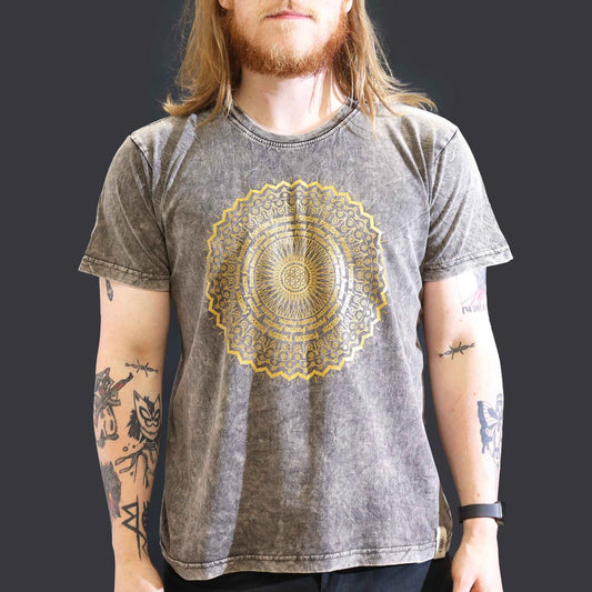 T-Shirt (L) Stone Washed - Mandala - Dunkelgrau