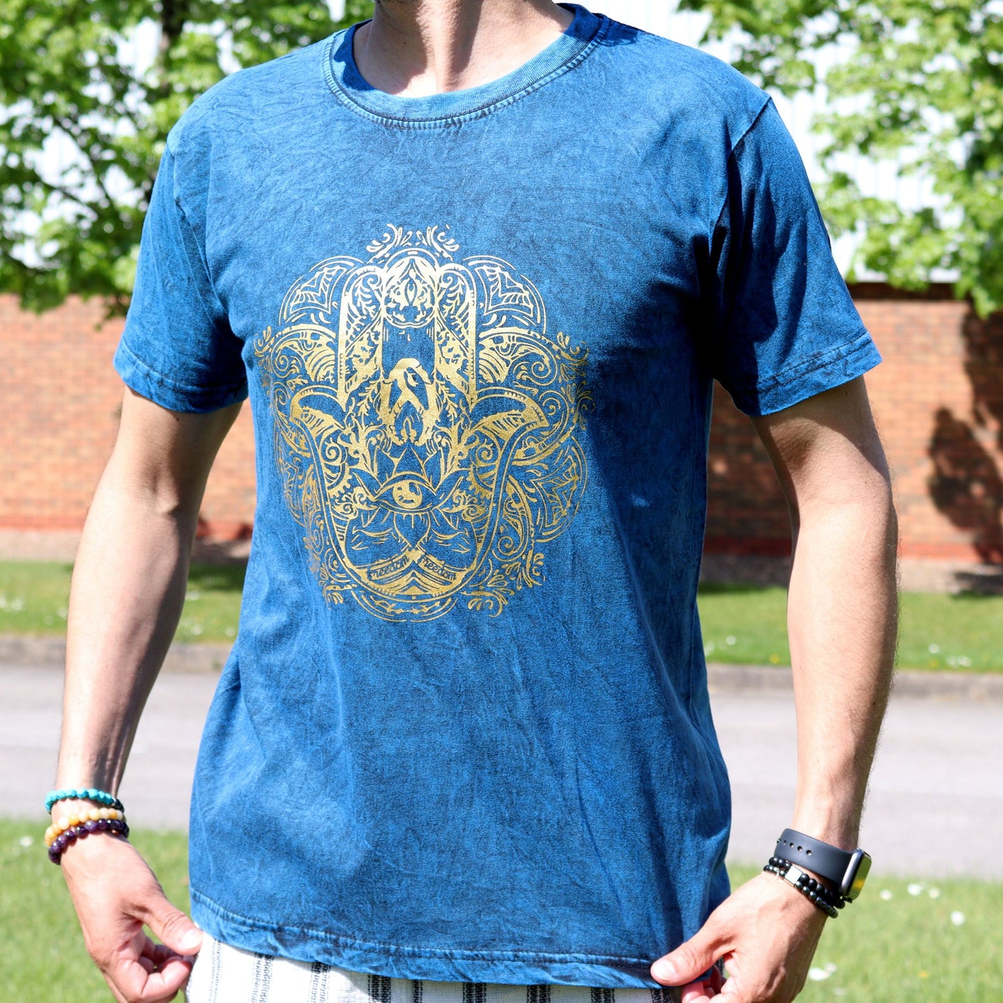 T-Shirt (M) Stone Washed - Hamsa - Blau