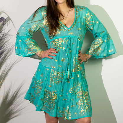 (ML) Nomad Sari On the Med Kleid - Türkis & Gold mit Korallen Design