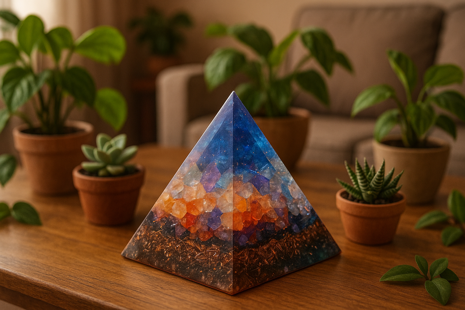 eine Orgonit Pyramide auf einen wohnzimmertisch, rundherum mit ein wenig Pflanzen