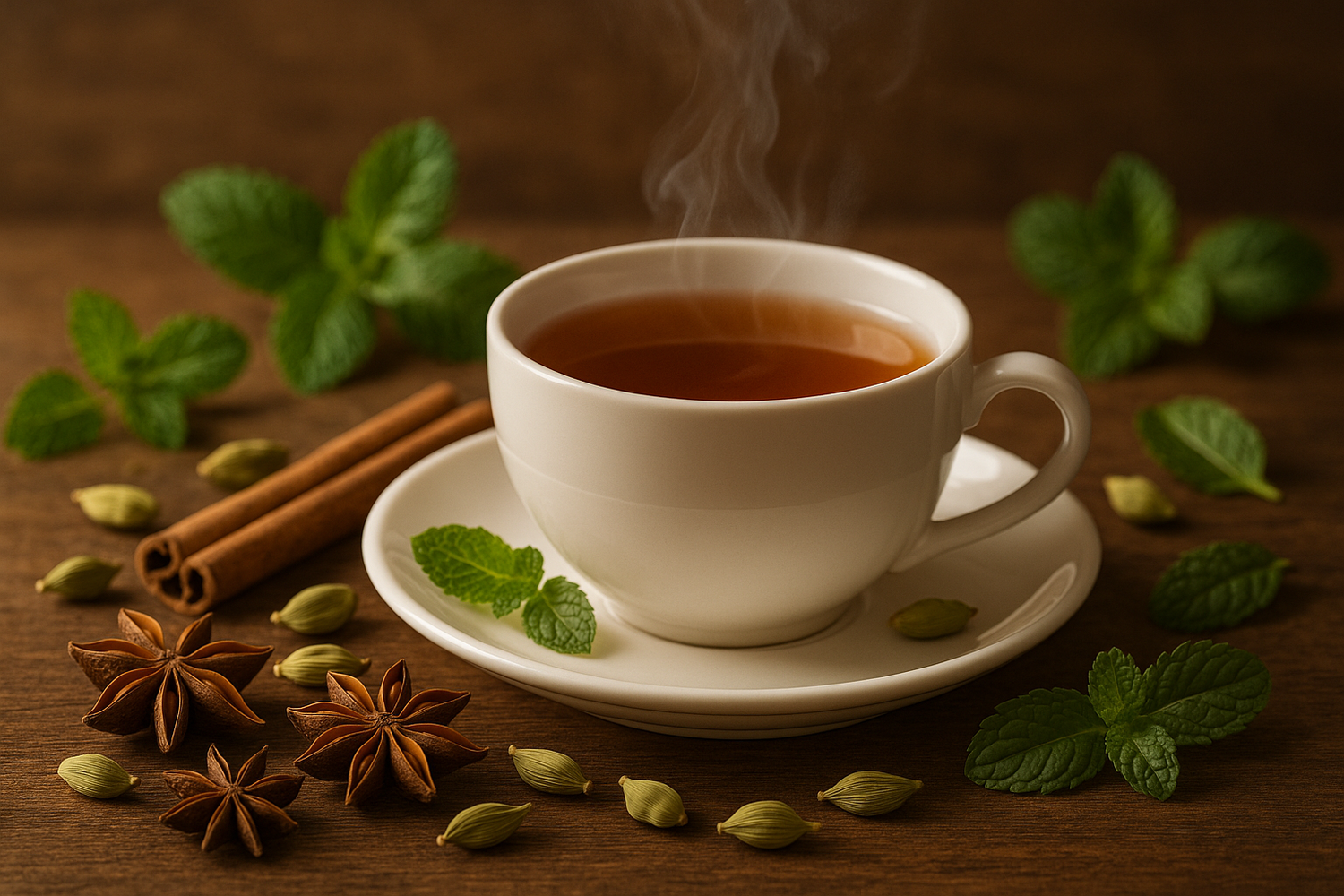 eine Tasse Tee. nebenbei liegen Teegewürze und Minzblätter